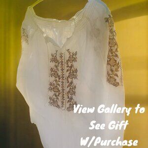 NWOT BOHO FESTIVAL SUMMER WHITE BLOUSE EMBROIDERY GOLD BEIGE *BONUS GIFT W/PUR*